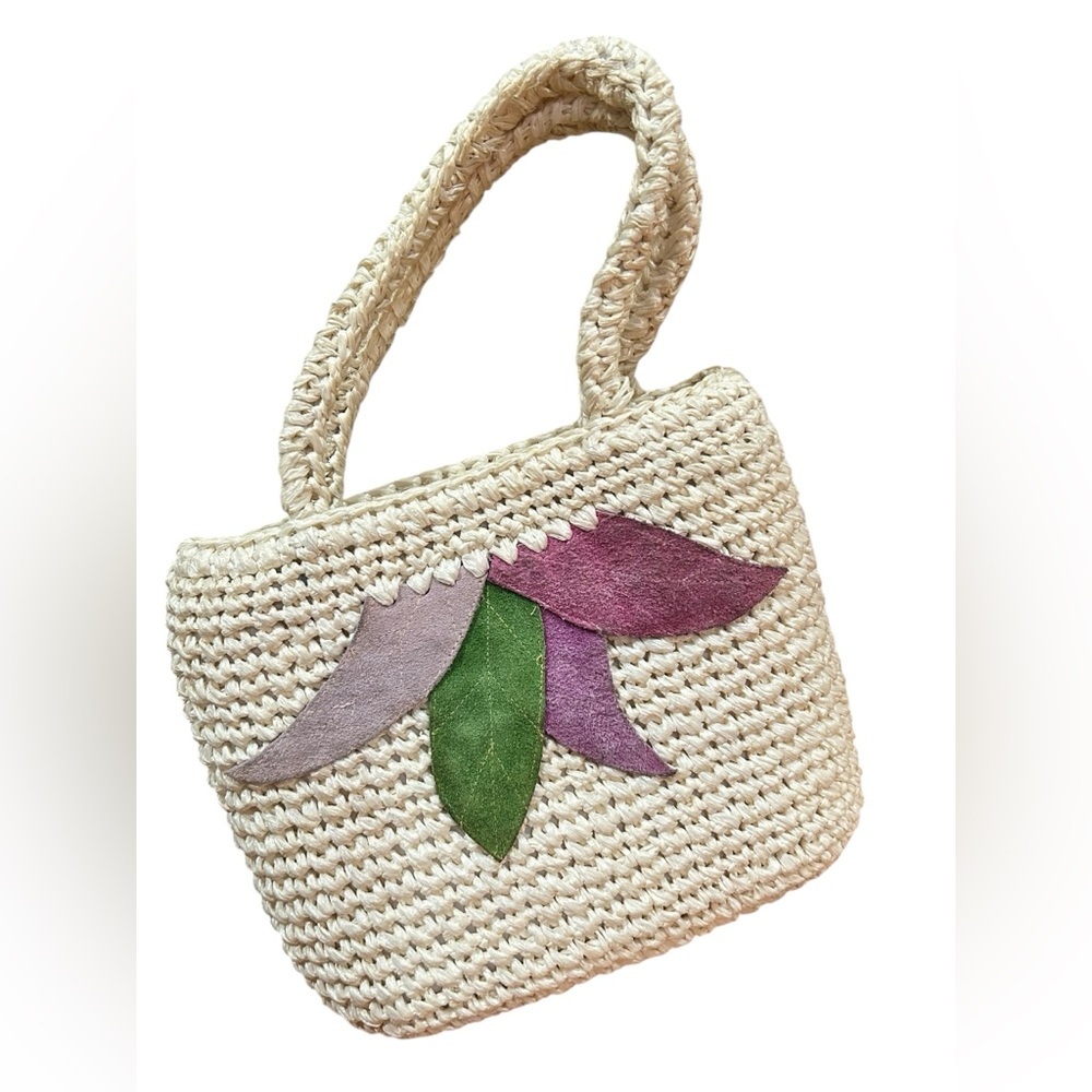 Vintage 60’s 70s bohemian Straw Suede Leaf purse | vintage straw Handbag tote